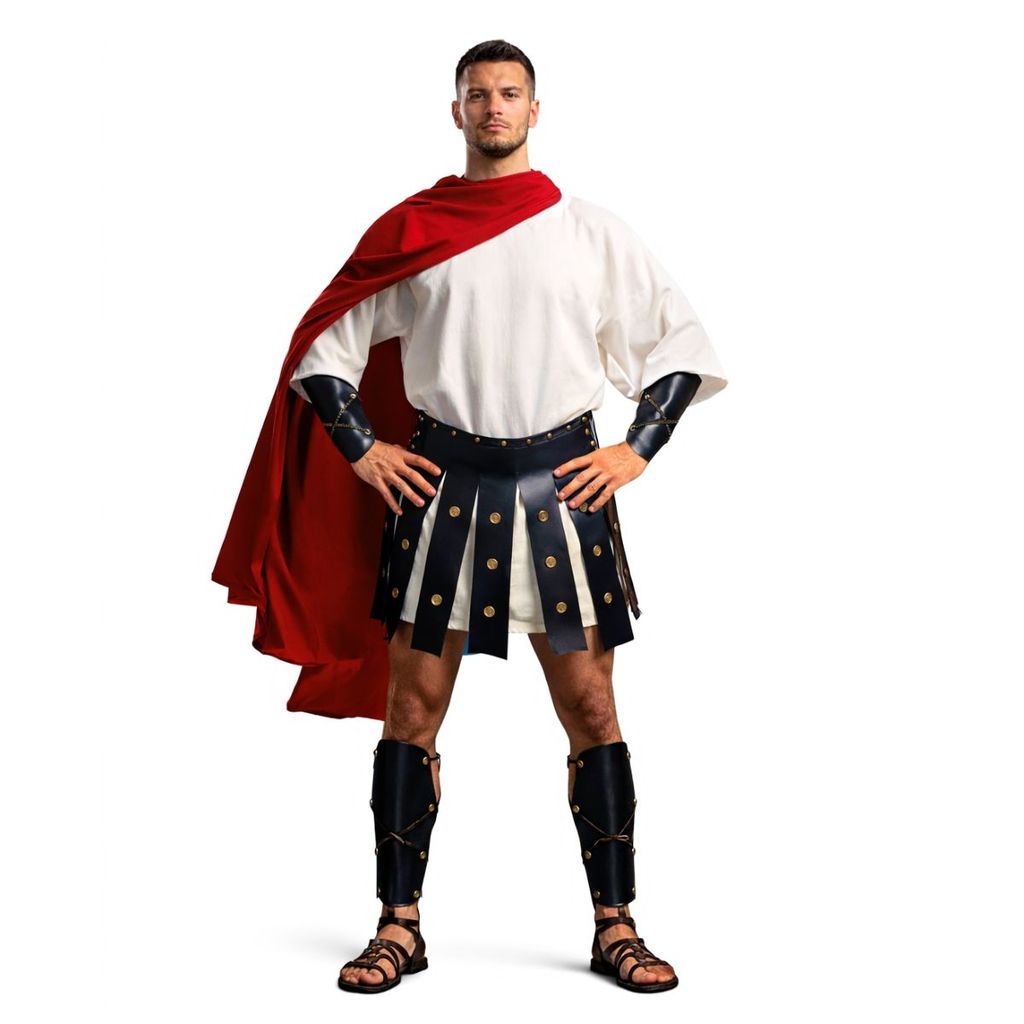 Fantasia Soldado Romano Adulto Luxo com Acessórios Camisa Saia Braceletes Caneleiras Capa Fantasia