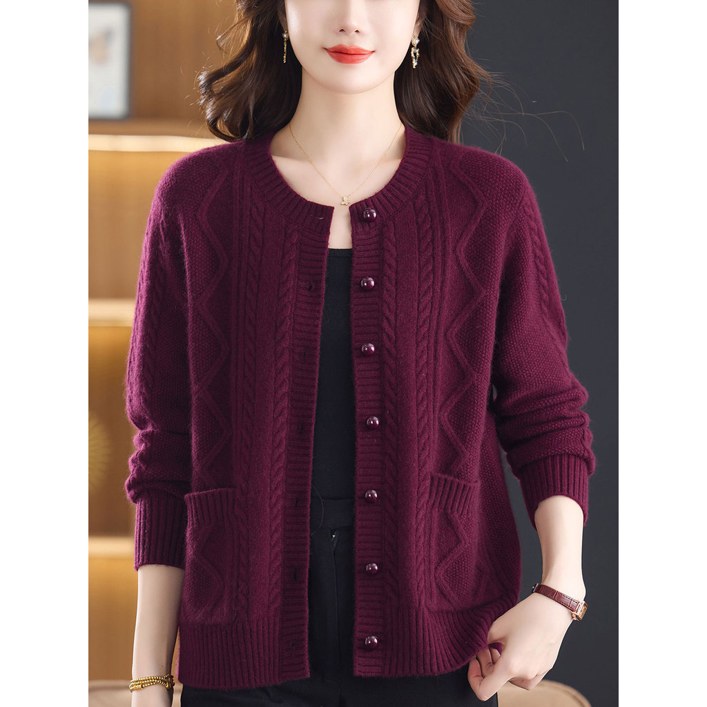 Hengyuanxiang cardigan de caxemira com gola redonda, cardigã feminino de inverno com botão grosso, suéter para mãe idosa