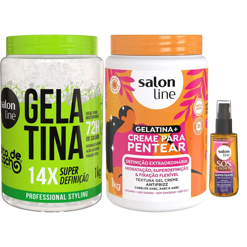 Kit Salon Line Gelatina 1kg + Creme De Pentear Definição Extraordinária 1Kg + Óleo Capilar Super Óleos 42ml