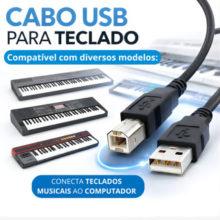 Cabo USB para Teclado Musical MIDI USB A para B 1,5 m - Controlador MIDI, Alta Qualidade Resistente