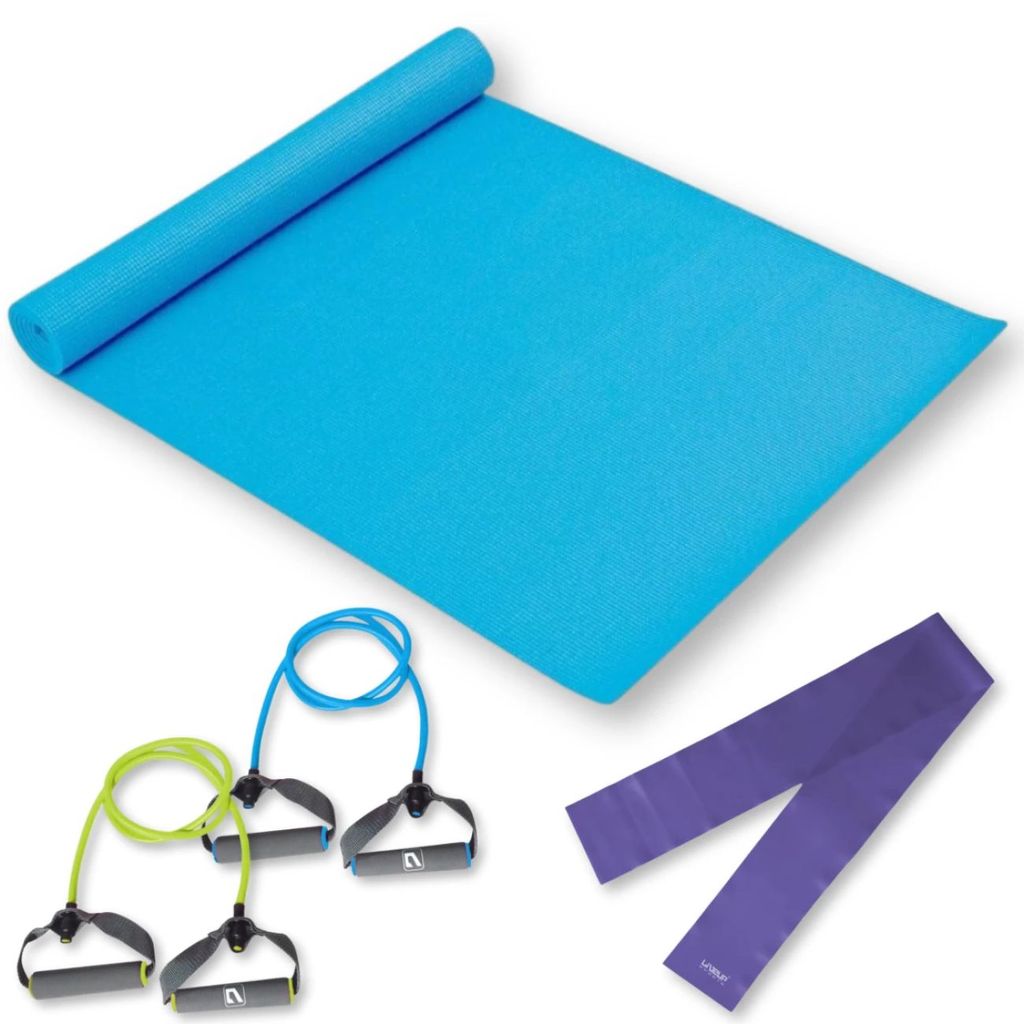 Kit Yoga e Pilates: 1 Tapete Colchonete + 2 Extensores Forte e Médio + Faixa Elástica Média Treino