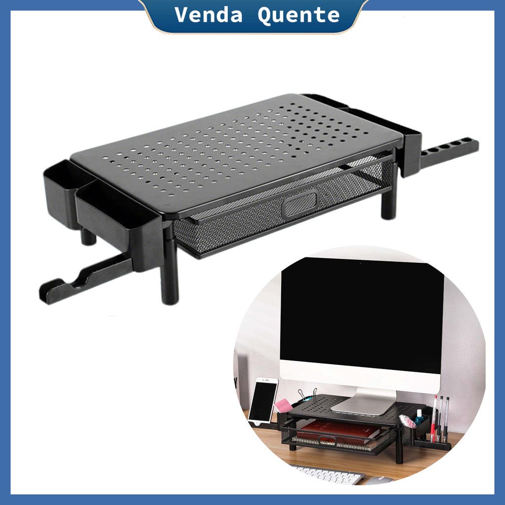 Suporte de elevação do Display, Altura regulável em três estágios, com orifícios de ventilação, com gavetas e suportes