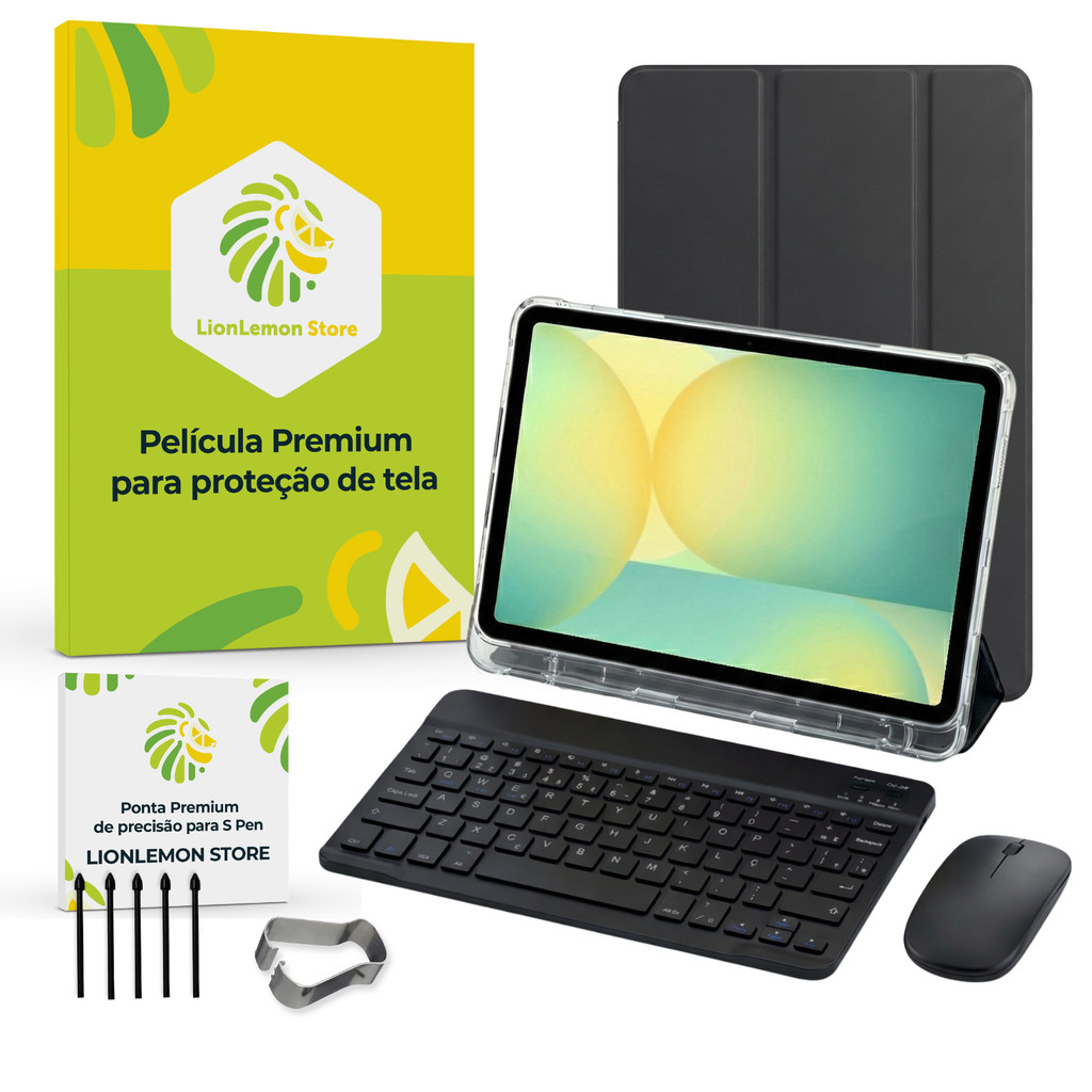 Kit Capa Slim Preta para Samsung Galaxy Tab S10 FE+ Plus, Pontas SPen, Película 