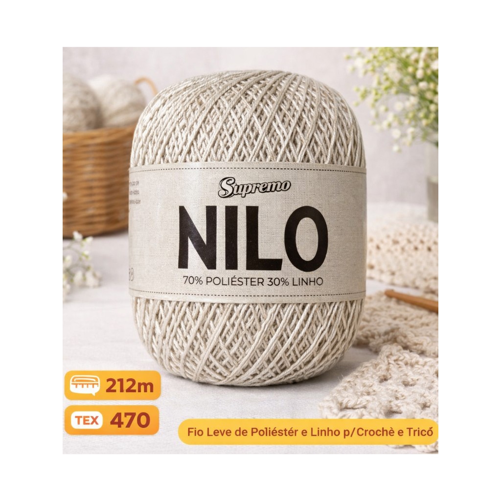 Fio Nilo Supremo 212m Poliéster e Linho p/ Crochê e Tricô Vestuário Leve TEX 470
