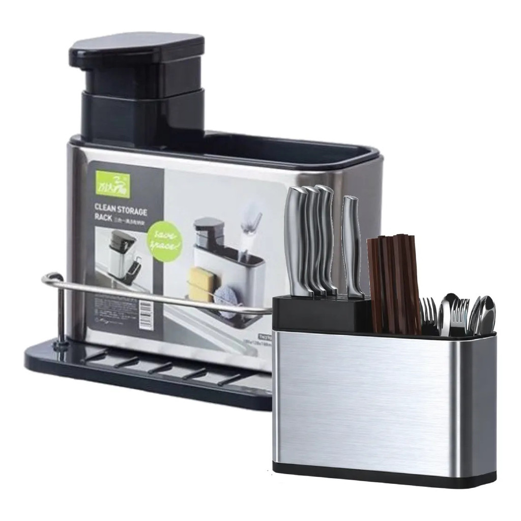 Kit porta detergente com dispenser + escorredor de talheres em aço inox para cozinha