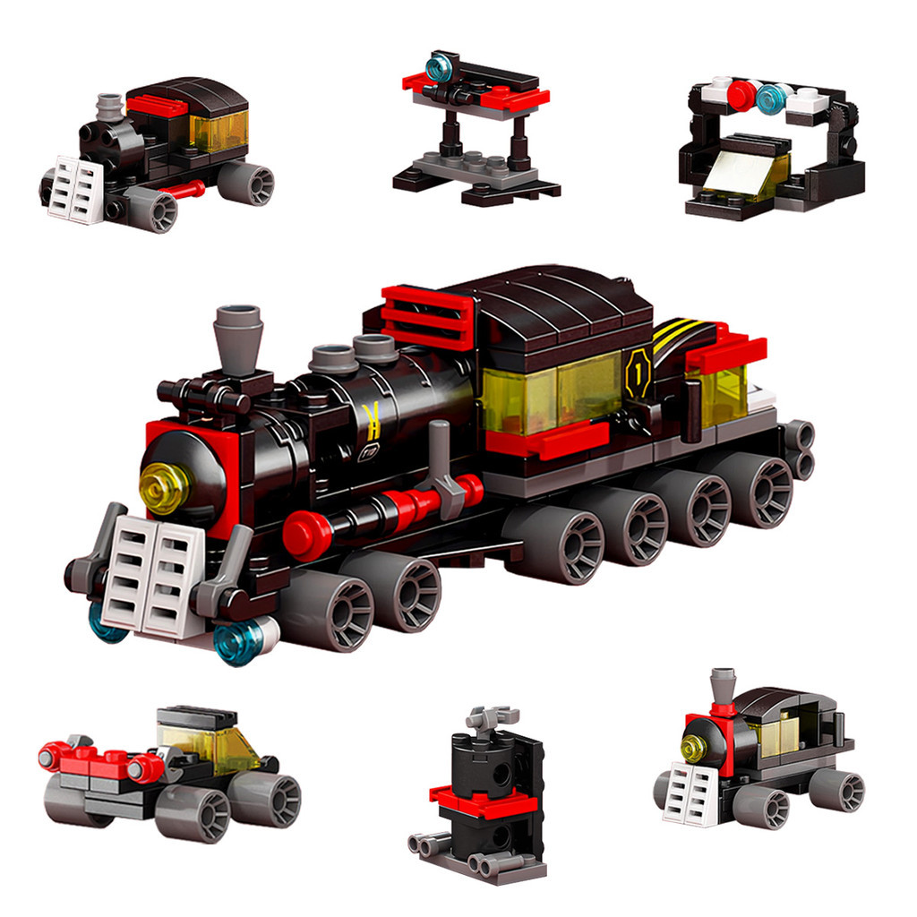 Kit Trem a Vapor 6 em 1 118 Peças Blocos de Montar Brinquedo Pedagógico Infantil Locomotiva Educativa Presente