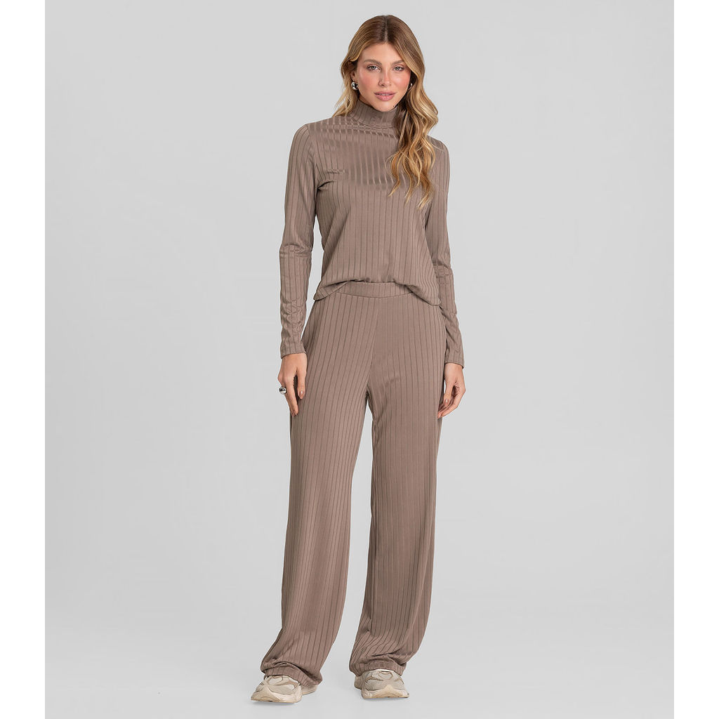 Conjunto Feminino Blusa E Calça Em Ribana Dianna Marrom em Oferta na Shopee