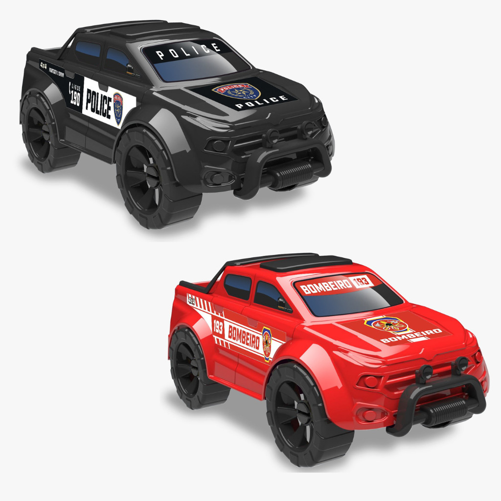 Kit 2 Carrinho Pick Up Force Police Polícia + Bombeiro Camionete Carro Roda Livre Menino Menina