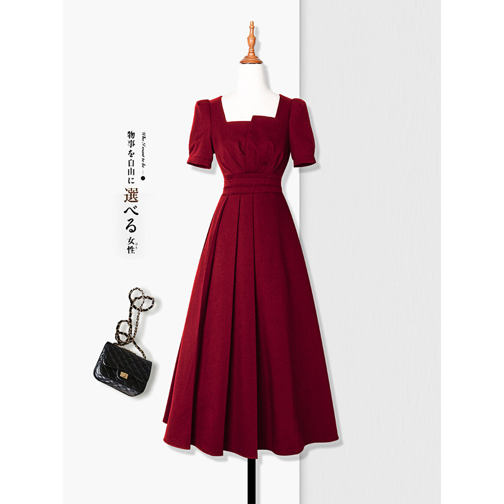 Vestido vermelho feminino francês High-End temperamento requintado mais magro olhar geralmente pode usar vestido de noiv