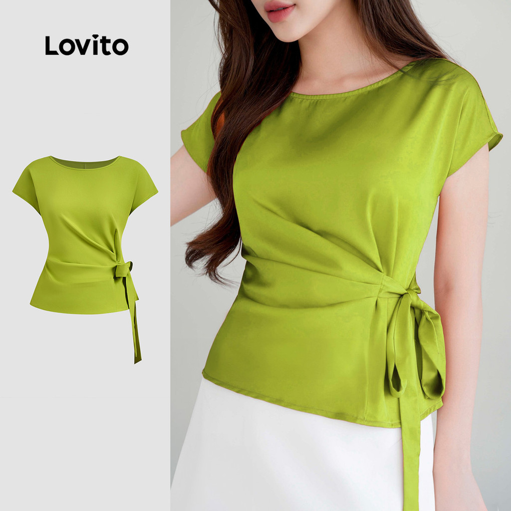 Lovito  Blusa Casual com Amarração e Pregas Primavera/verão Verde para Mulheres L178ED1194 em Oferta na Shopee