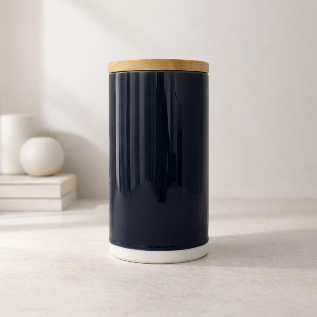 Potiche Pote Grande de Cerâmica Azul Cobalto Brilhante Tampa de Madeira 21cm Decorativo