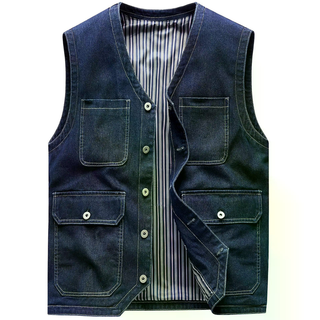 Colete Jeans Retrô Masculino Com Vários Bolsos , Jaquetas Modernas , Soltas , Casuais , Versáteis , Sem Mangas
