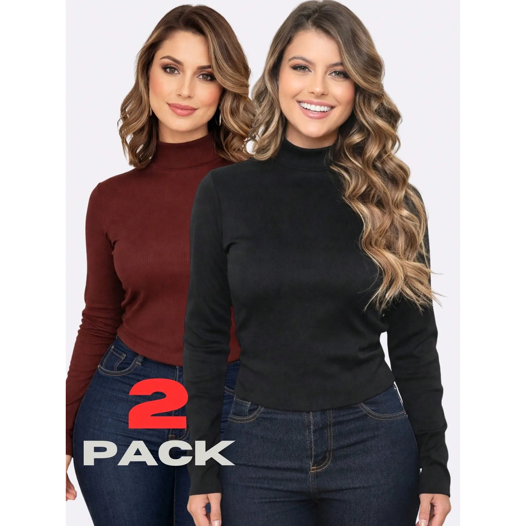 Kit 2 Blusas Cacharrel Feminina Gola Alta Manga Longa Canelada Básica Inverno Confortável