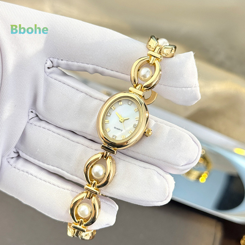 Oval Dial Watch Nacre Elegant Ladies Quartz with Faux Pearl Bracelet – Luxury Retro Wristwatch Surface Perfect Gift fo