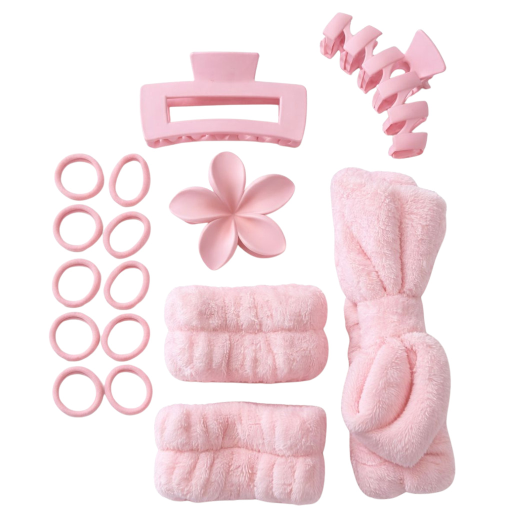 Kit Acessórios Faixa de Cabelo Feminino Rosa Completo Xuxinha Skincare Presilhas Piranha