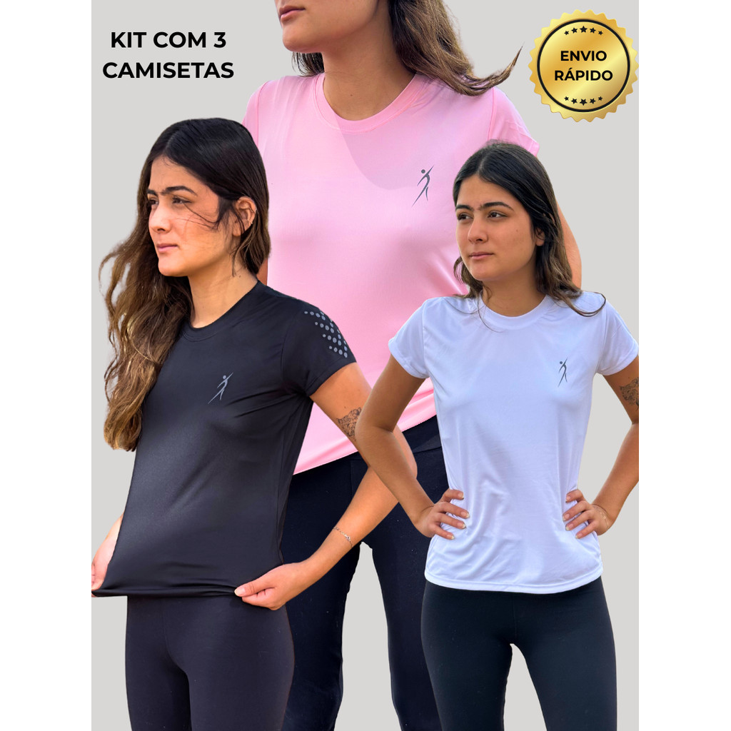 Kit Com 3 Camisetas Dry Fit Feminina Com Proteção Uv Para Academia Treino Corrida Tecido Premium