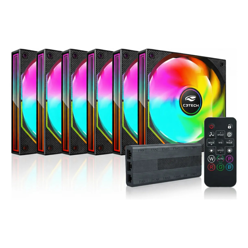 Kit 6 Cooler Fan Argb Branco Preto Ventoinha RGB 120mm Controladora Magnética E Controle Remoto