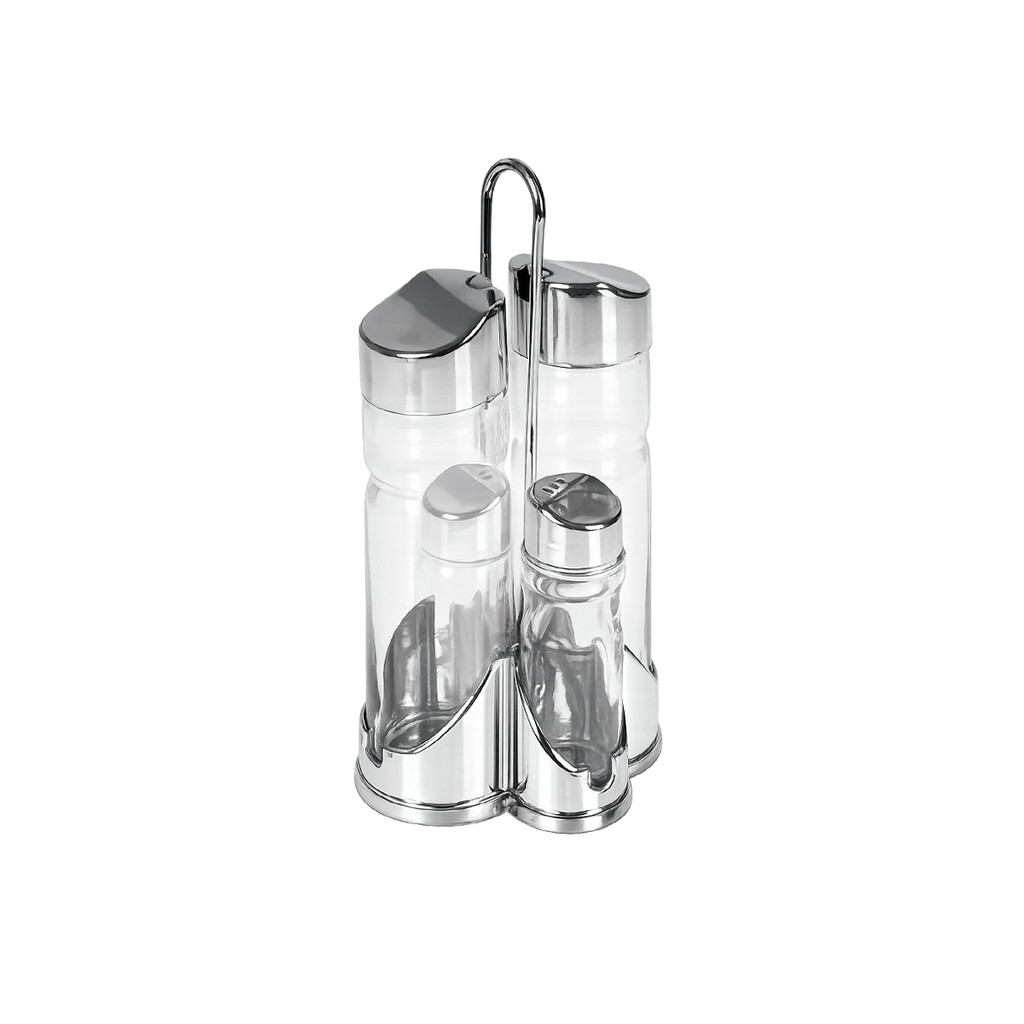 kit Galheteiro 4 Vidro Porta Azeite Vinagre Temperos Mesa Suporte Inox Organização Cozinha Multiuso