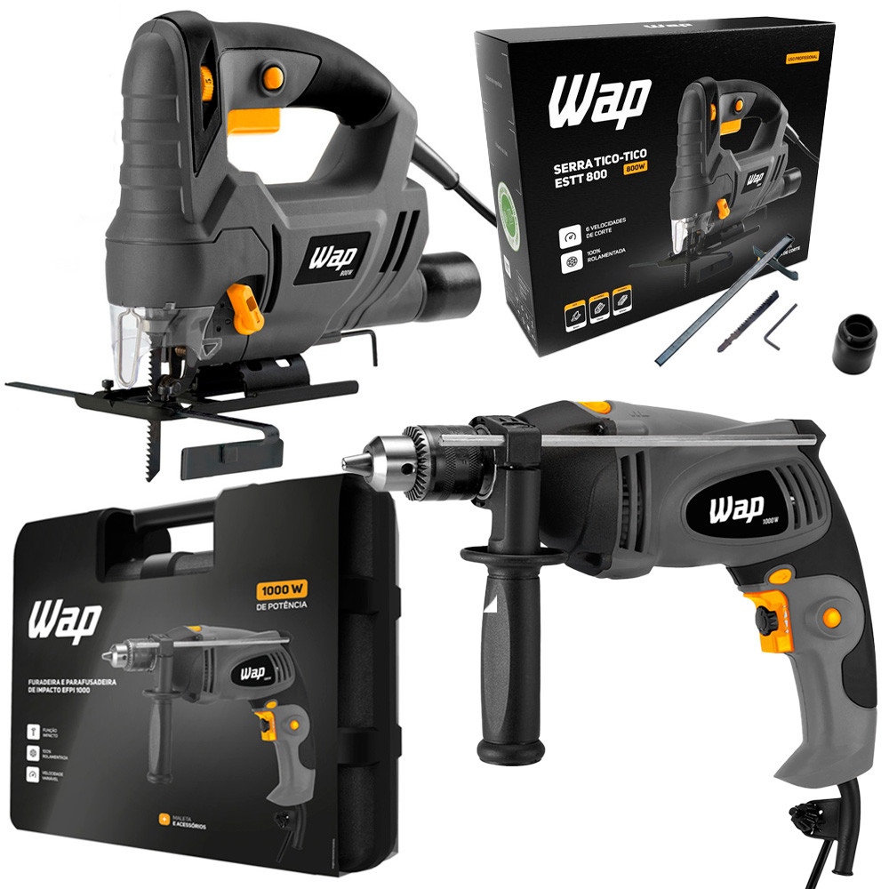 Kit Profissional Wap Marcenaria Furadeira e Parafusadeira 1000W Cinza E Serra Tico Tico 800W