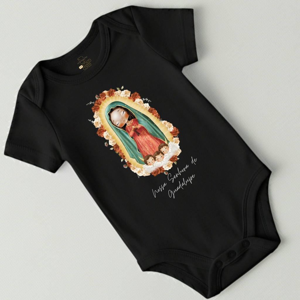Body Bebê Santinhos Manga Curta Infantil Criança Religioso Macacão Nossa Senhora das Graças Penha Fátima Aparecida Preto