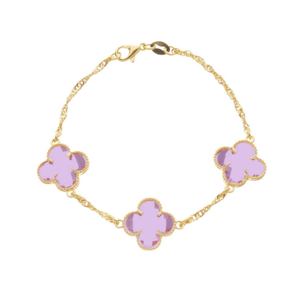 Pulseira Feminina Trevos Zircônia Rosa Banhada a Ouro 18k - Antialérgico - 2 Anos de Garantia - Semijoias de Luxo
