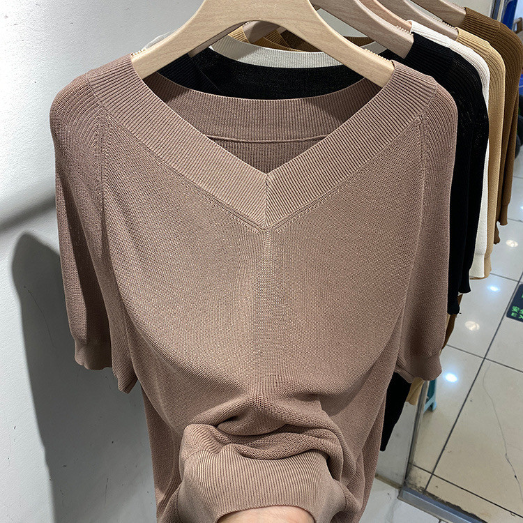 Roupas femininas de tamanho grande soltas com decote em V linho de gelo de manga curta malhas femininas roupas de verão