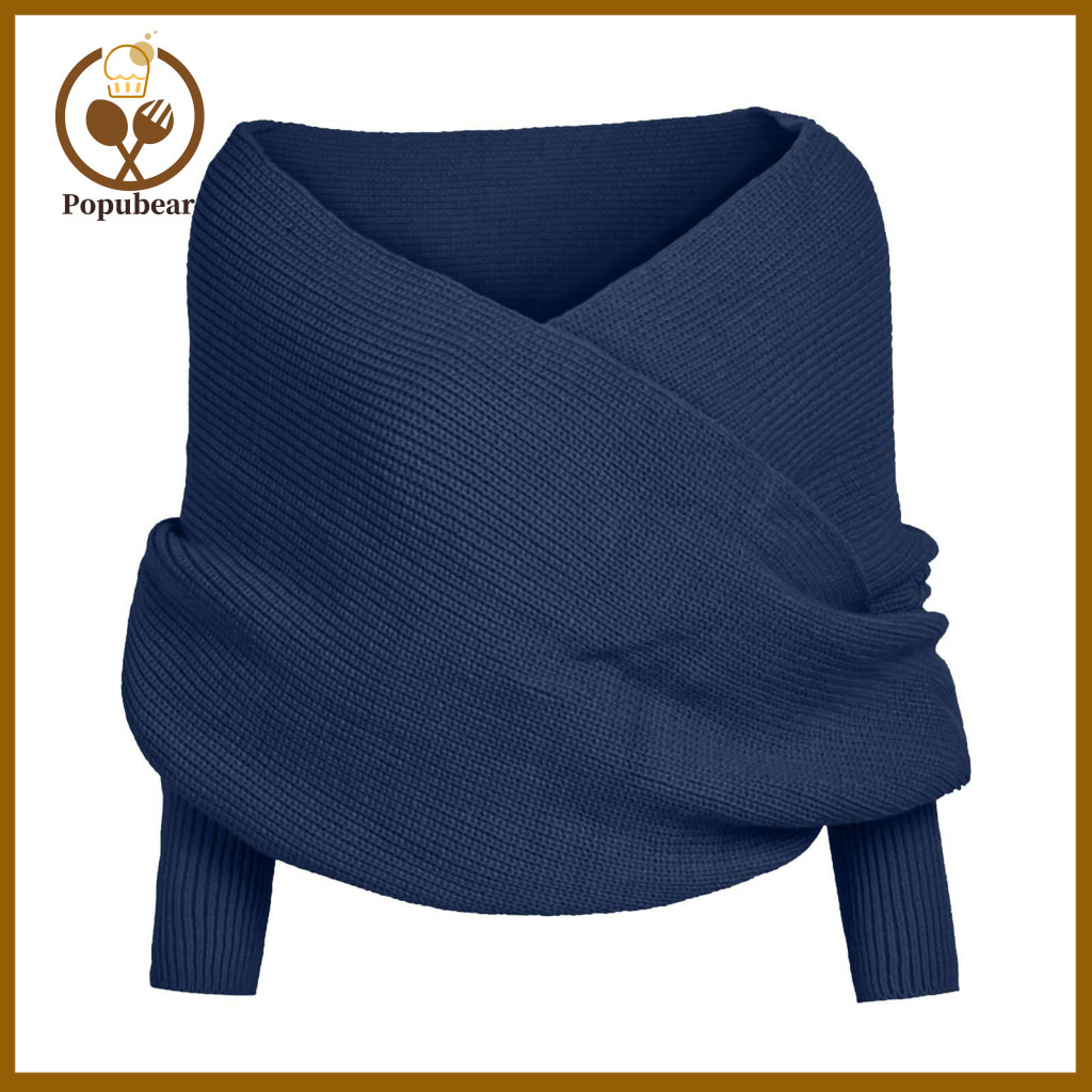 Sweater Scarf with Sleeves Shawl V-neck Design Women’s Off-shoulder Knitted Wrap Solid Color Warm Pullover for Fall Wi