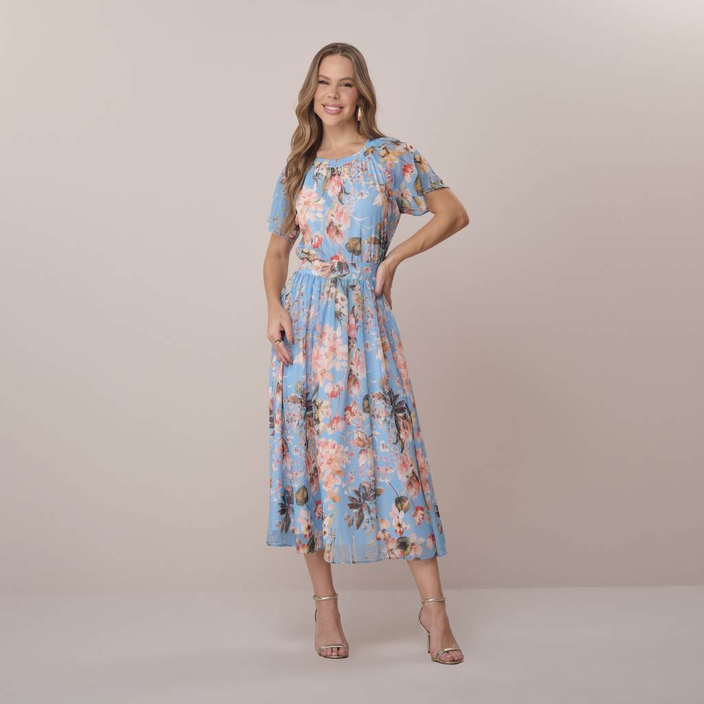 Vestido Azul Midi no Crepe Floral Daiane Tatá Martello