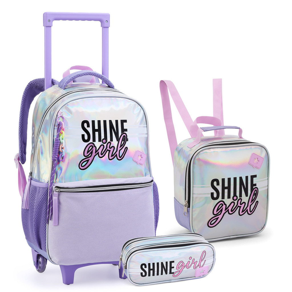 Kit Mochila Juvenil Rodinhas Feminina Tam G Reforçada Escolar Grande Com Lancheira Térmica e Estojo Holográfico