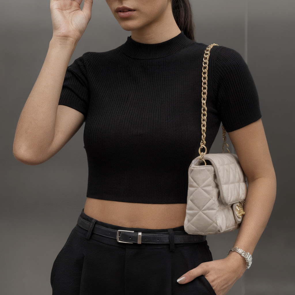 Cropped Canelada Gola Media Feminino Blusa Manga Curta Gola Alta Ribana Premium Confortável Básico Liso Look Tendência