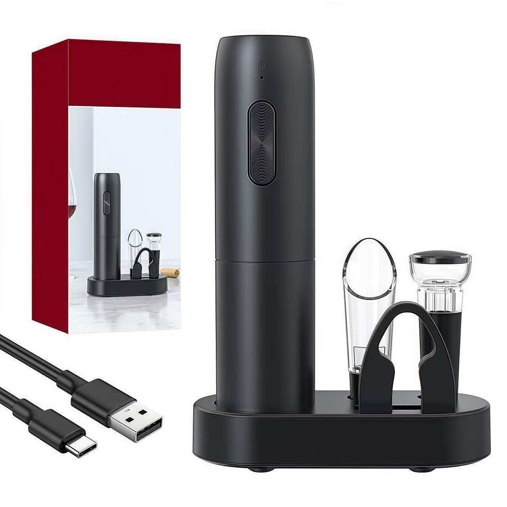 Kit Abridor de Vinho Elétrico Recarregável USB 4 Peças Saca-Rolhas Automático Com Cortador Dosador Tampa a Vácuo