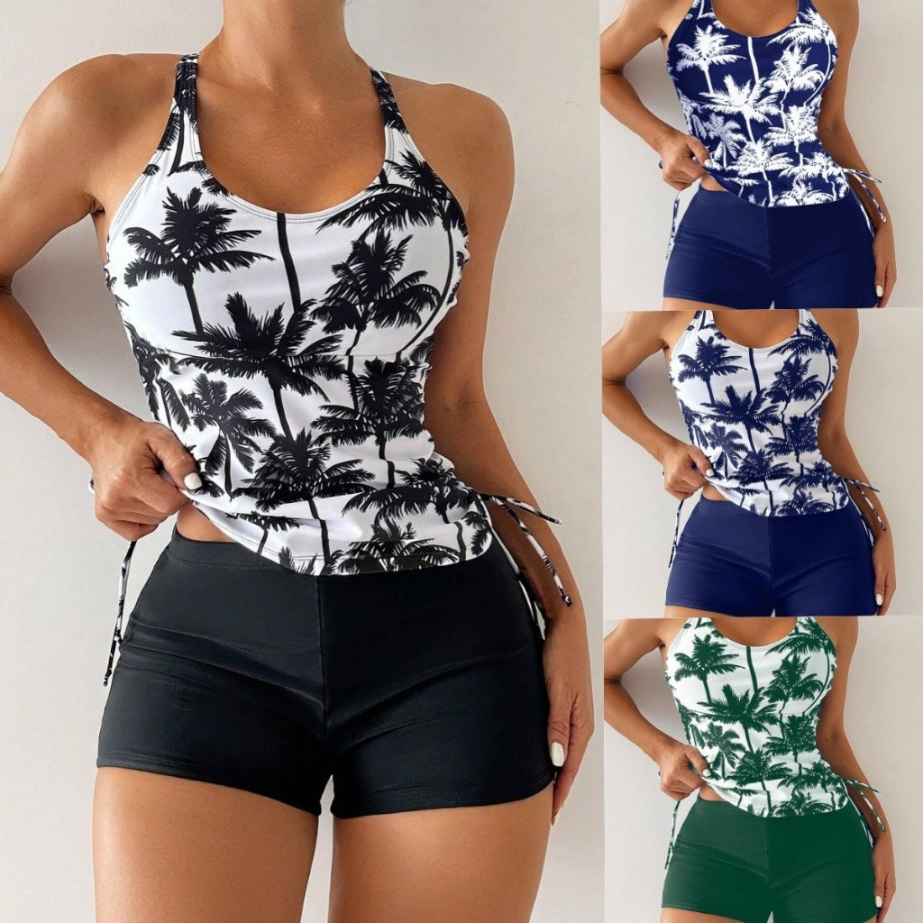 Conjunto de Maiô Feminino de Duas Peças com Top Frontal Único Estampa de Coqueiro e Shorts de Cor Sólida