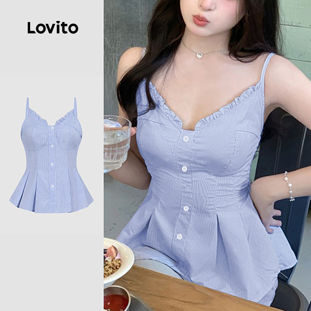 Lovito Blusa Casual de Primavera/verão com Pregas Babados e Azul para mulheres L149LD104 em Oferta na Shopee