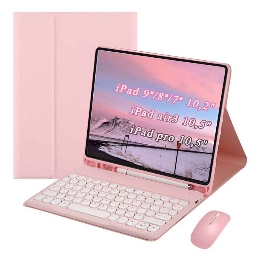 Capa com Teclado Redondo e Mouse Para iPad 7ª/8ª/9ª Geração，ipad air3, ipad pro 10,5polegadas