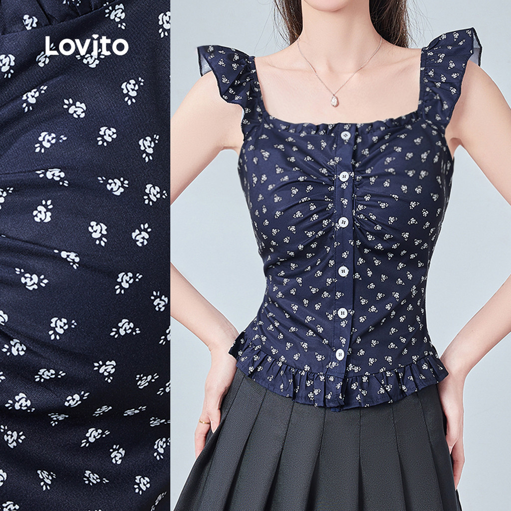 Lovito  Blusa Fofa com Botão para Lazer Primavera/verão Azul Marinho para Mulheres L173AD098