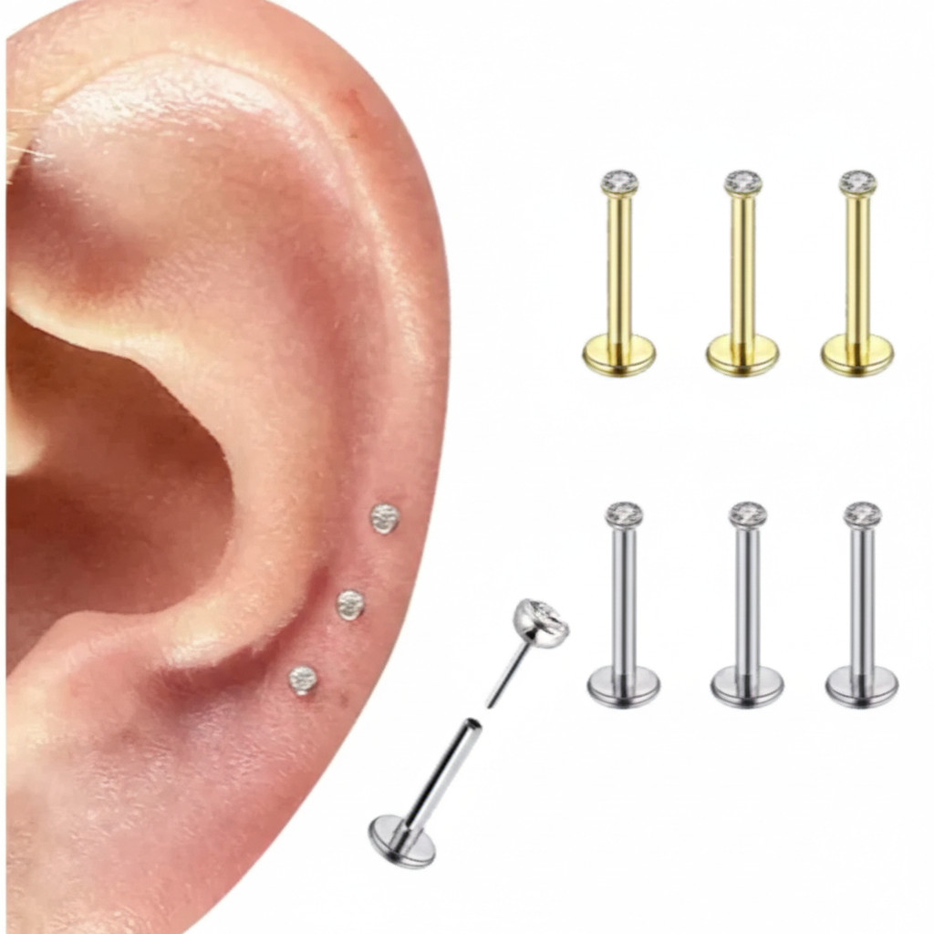 Kit 3 Piercing Push Pin Aço Pedra Zircônia Helix, Tragus,  Nariz, Australiano Ponto de luz
