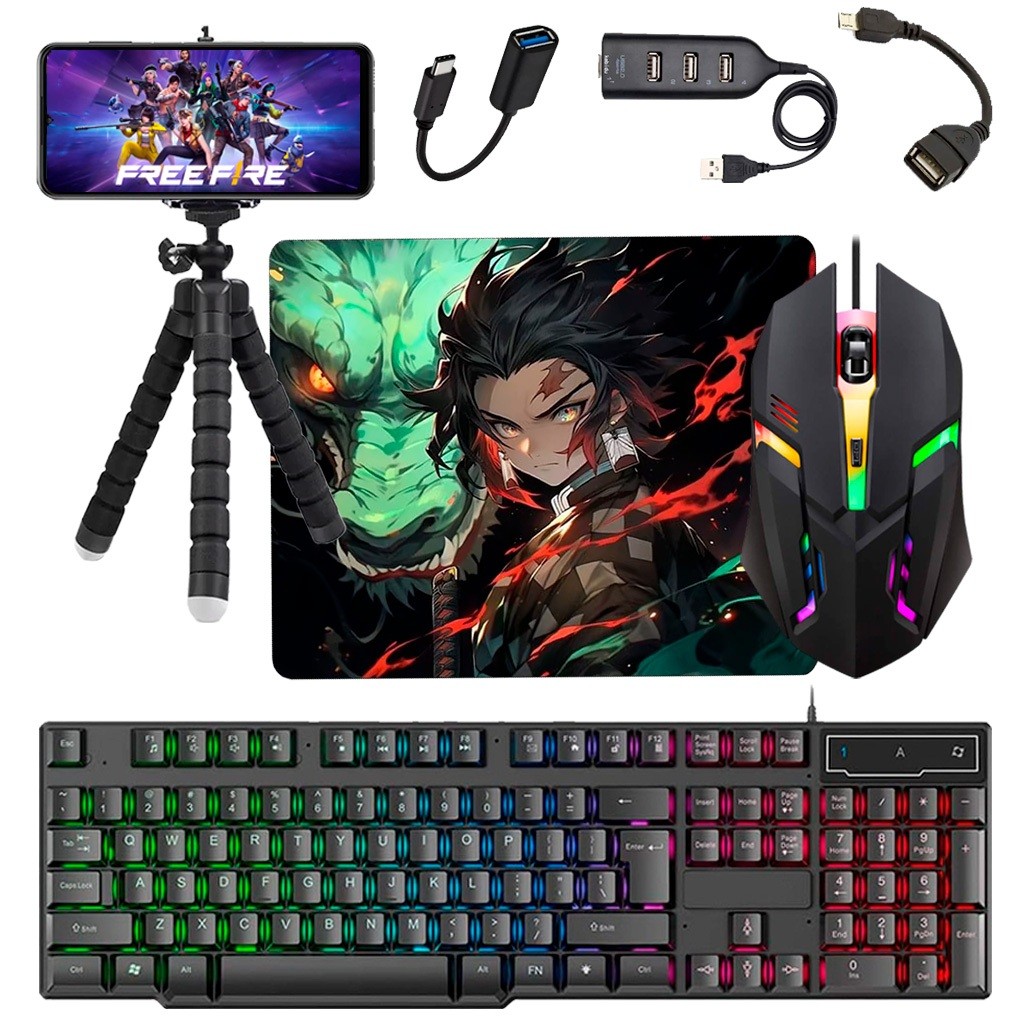 Kit Mobilador Completo 7 Peças Teclado Mouse Gamer Rgb Premium Mouse Pad Hub Tripe Otg Micro e Tipo c