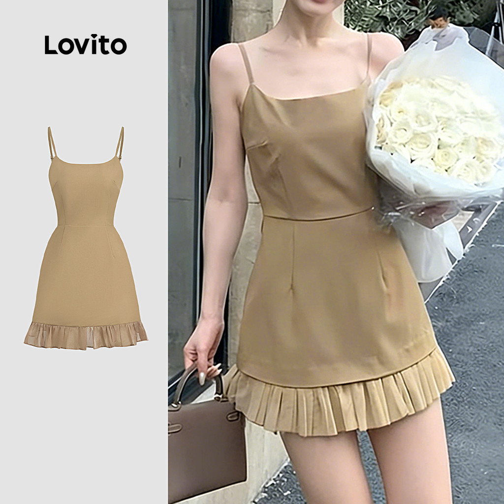 Lovito  Vestido Elegante Tecido Costura Babado Alça de Ombro Ajustável Primavera/verão Caqui para Mulheres L171ED136 em Oferta na Shopee