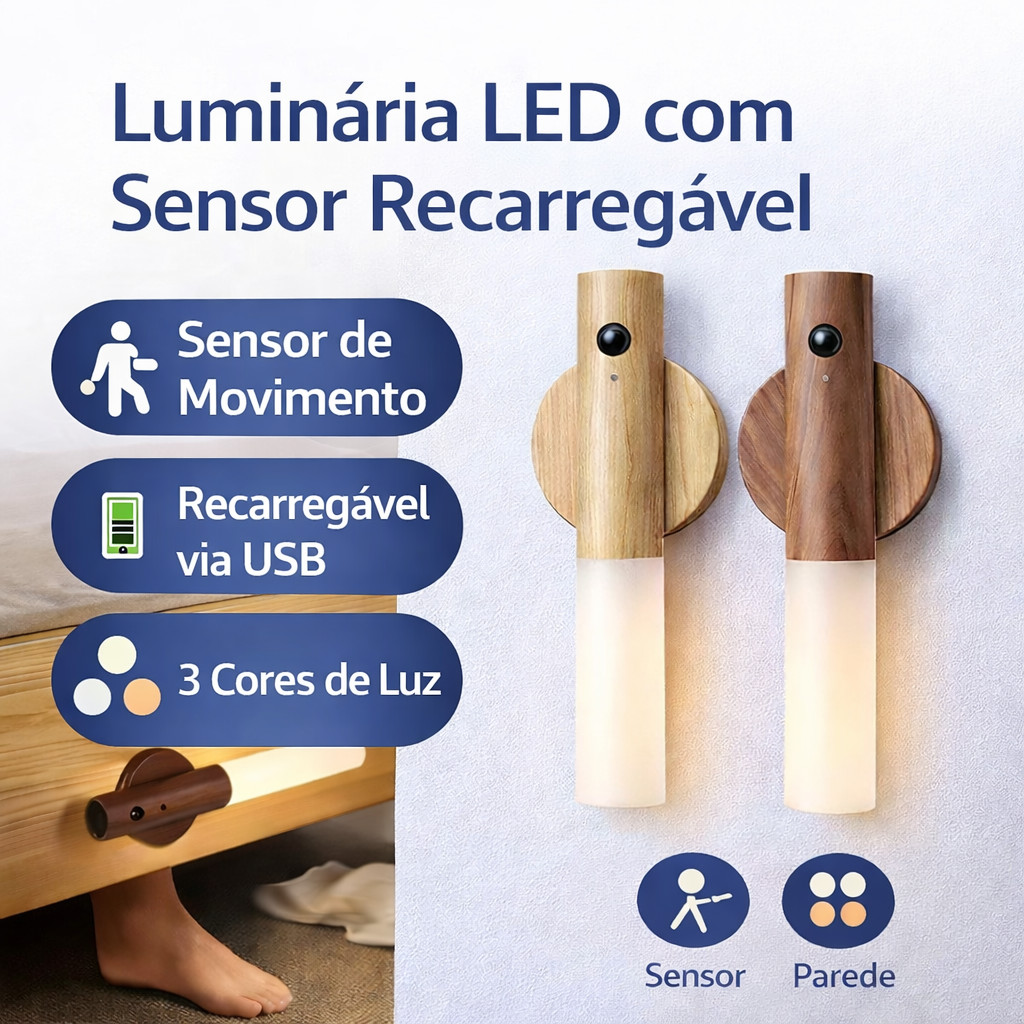 Luminária LED Recarregável com Sensor de Movimento Base Magnética Madeira para Mesa e Parede