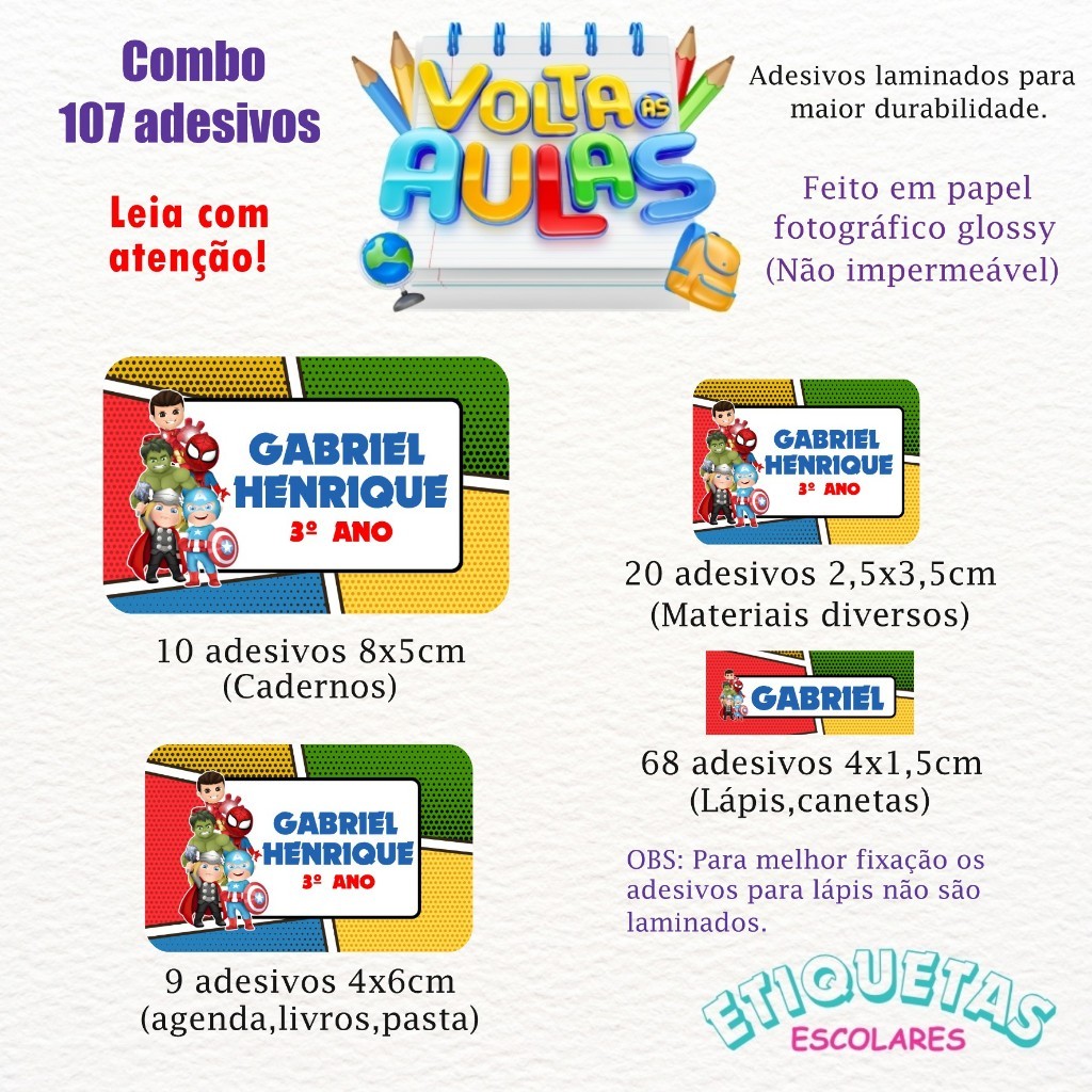 Kit 107 Etiquetas escolar Heróis/Vingadores Cute personalizadas com nome - Volta as aulas