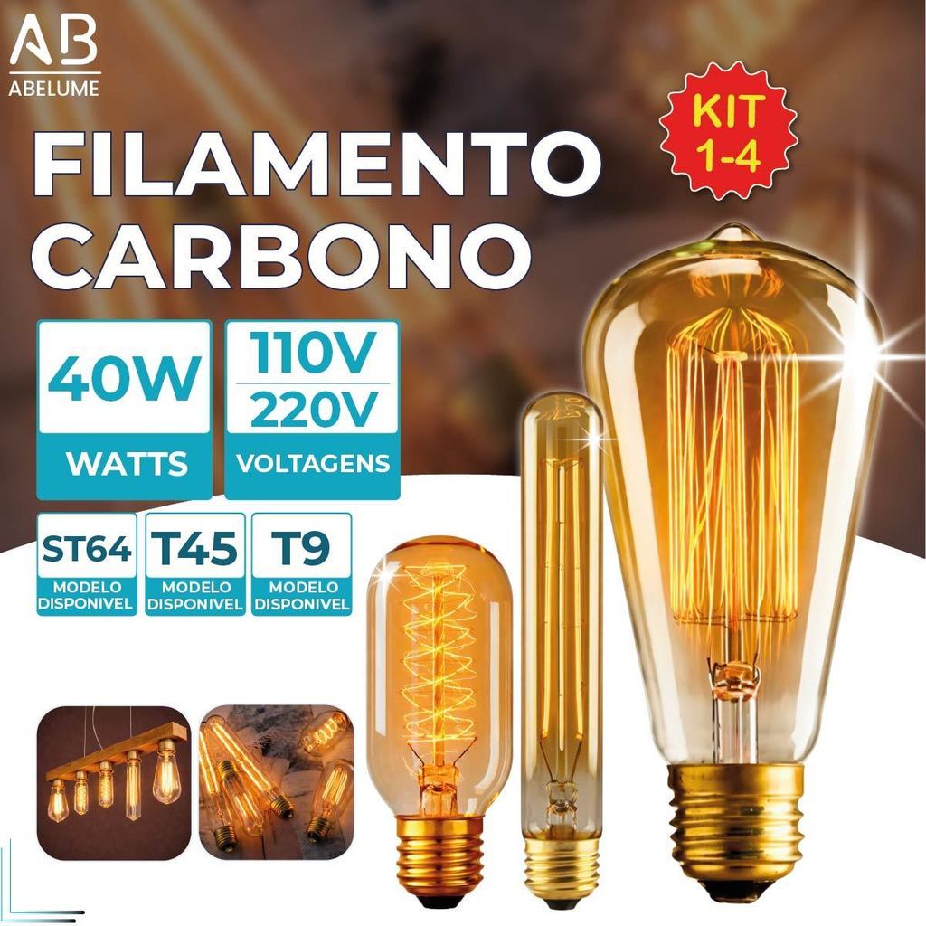 Lâmpada Filamento Carbono ST64 T45 T9 40W Luz Quente Âmbar E27 110V ou 220V em Oferta na Shopee