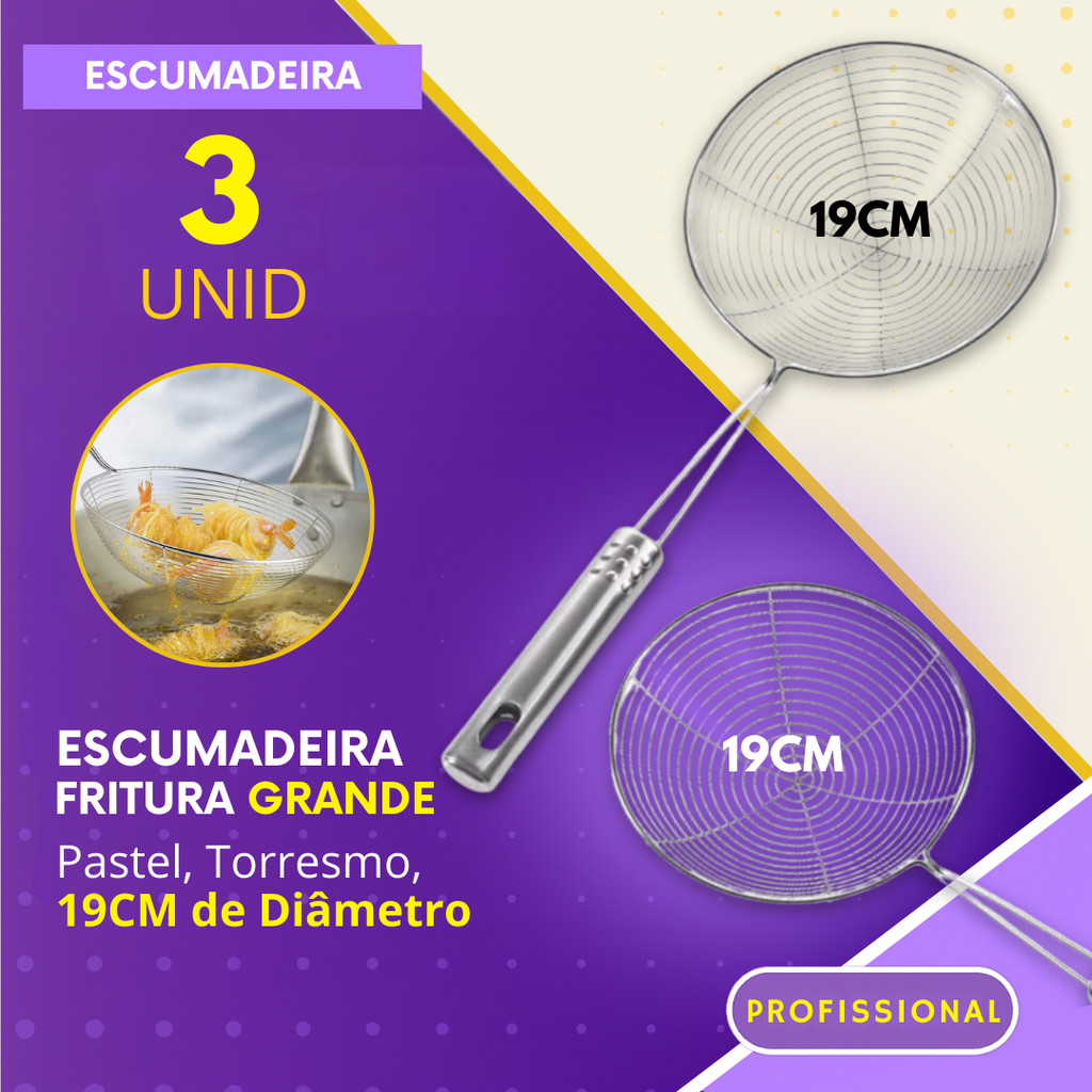 Escumadeira Kit 1, 2, 3 ou 6 para Fritura 19cm Diâmetro Inox Bar Restaurante Pastel Torresmo Batata