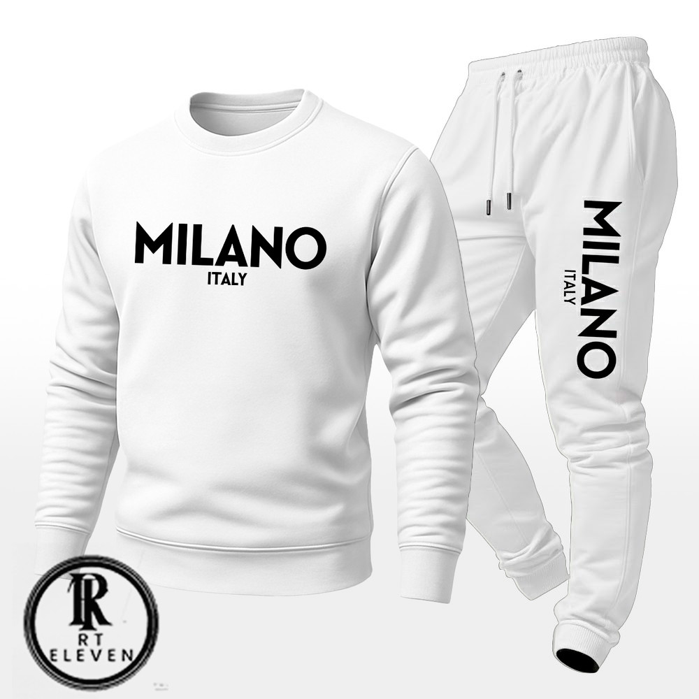 Conjunto Moletom Unissex Estampado Milano Italy Calça e Blusa Gola Redonda Careca Peluciado Blusa de Frio com Calça
