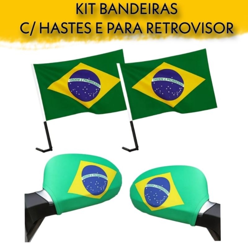 Kit Torcida Brasil Carro | Bandeiras com Haste + Capa Retrovisor | Copa Seleção Brasileira