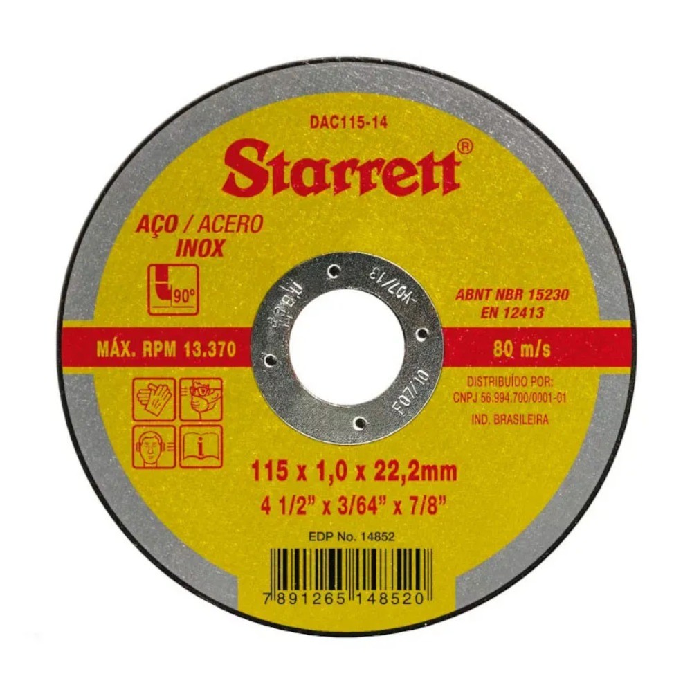Disco de corte para metal e inox 115 x 1 x 22,2 mm - Starrett