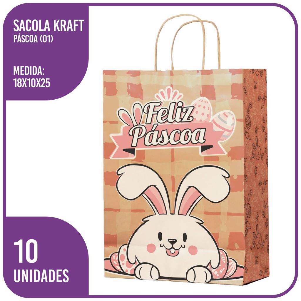 Sacola Kraft Feliz Páscoa (01) PP 18x10x25 - (10 Unidades)