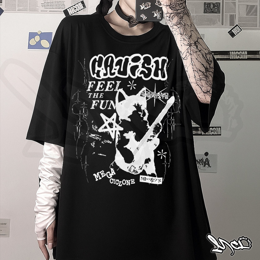 Camiseta Streetwear Unissex Estilo Y2K Tumblr Feel The Fun Gato NOVO 100% Algodão em Oferta na Shopee