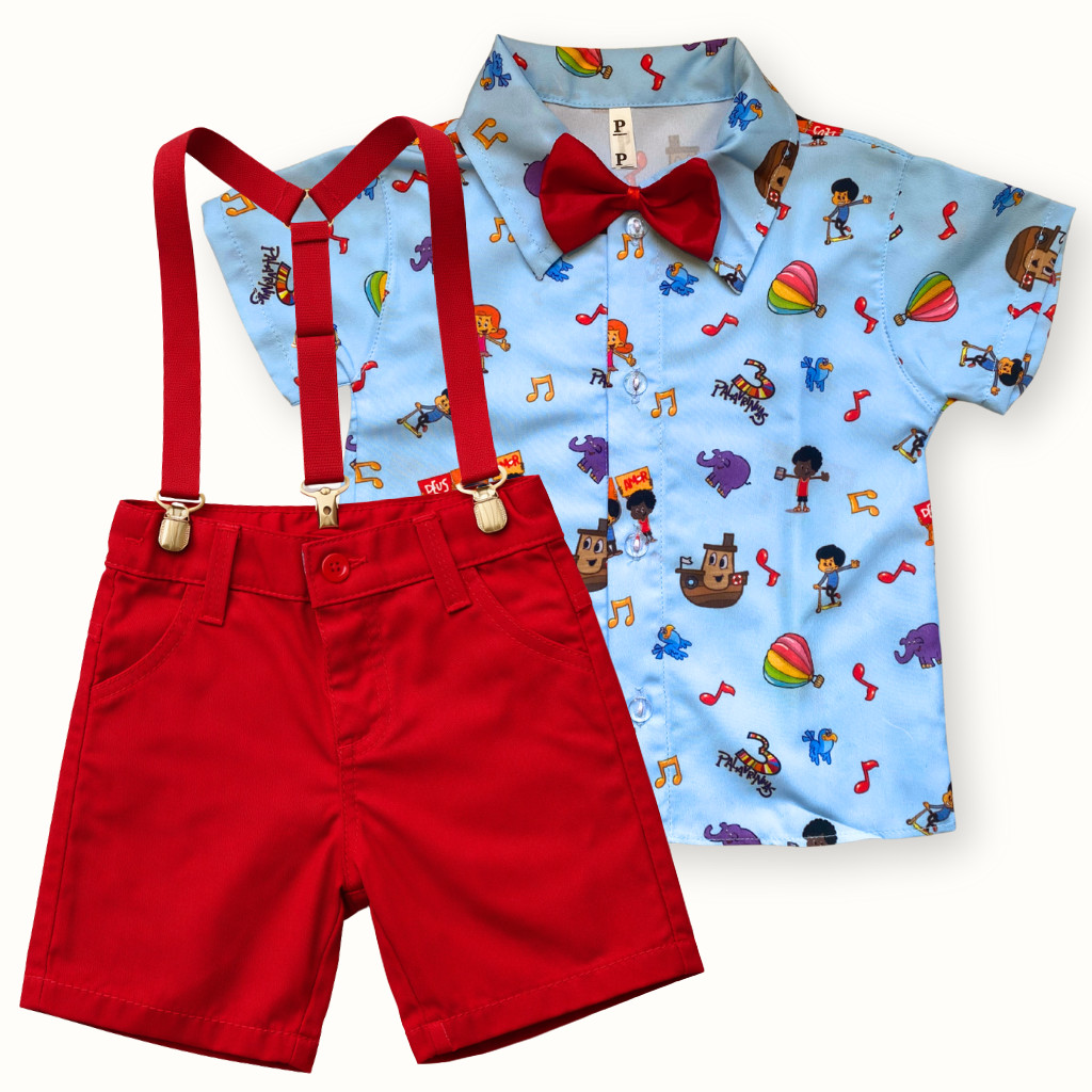 Conjunto Temático Três 3 Palavrinhas Menino Look Social Festa e Aniversário Camisa, Bermuda, Gravata e Suspensório
