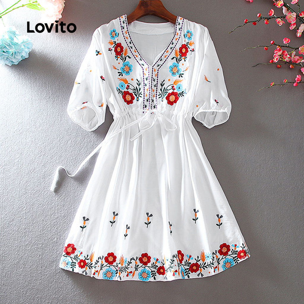Lovito Vestido Elegante Primavera/verão Vestido Branco para Mulheres LK2AD1079