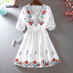 Lovito Férias Vestido Primavera/verão Vestido Branco para Mulheres LK2AD1079